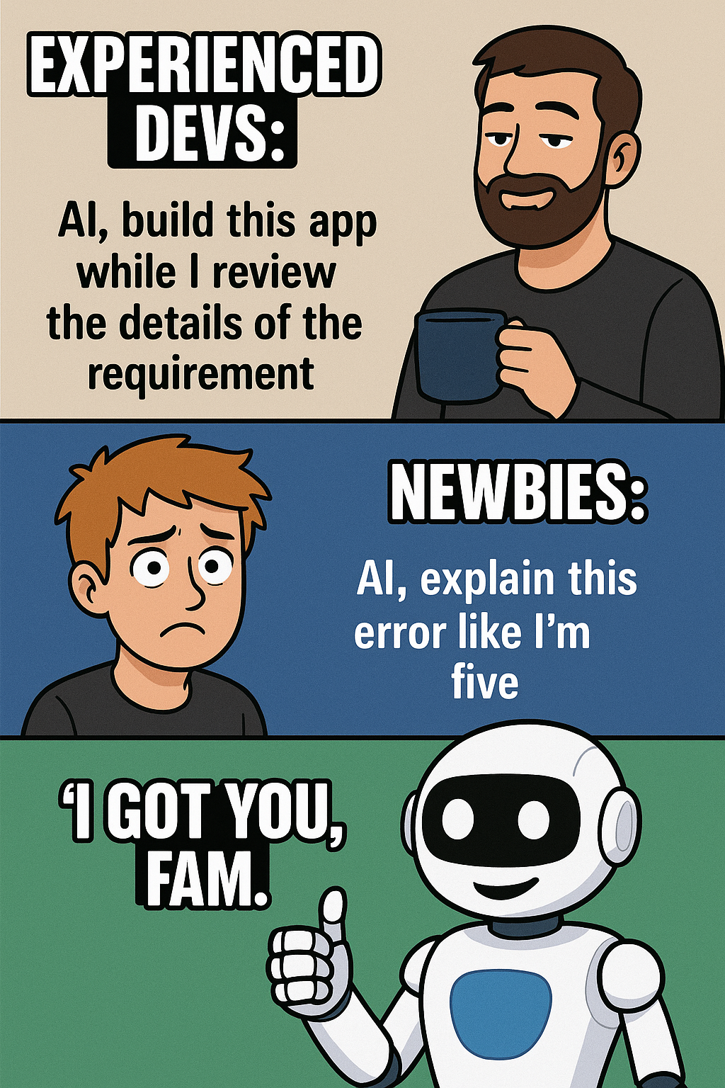 Diagram showing how AI agents assist both professional developers and newcomers to IT.